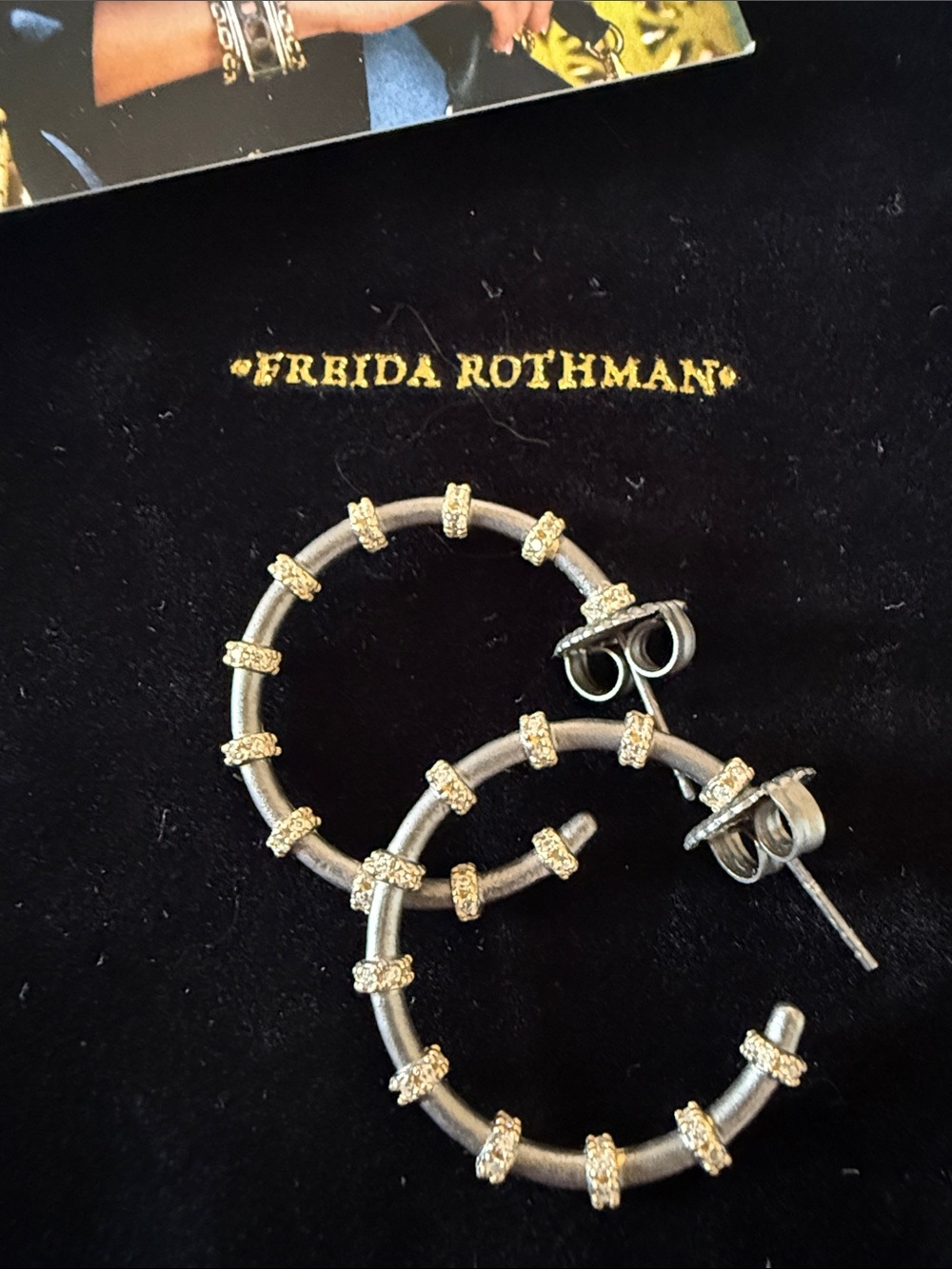 Freida Rothman Sterling Silver Black Hoop Earrings with Gold and Crystal Accents